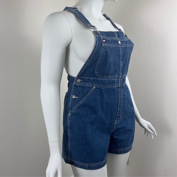 Tommy Women Size L Cotton Denim Shortall Bib Carpenter Short Jean Overalls Y2K - Picture 6 of 13